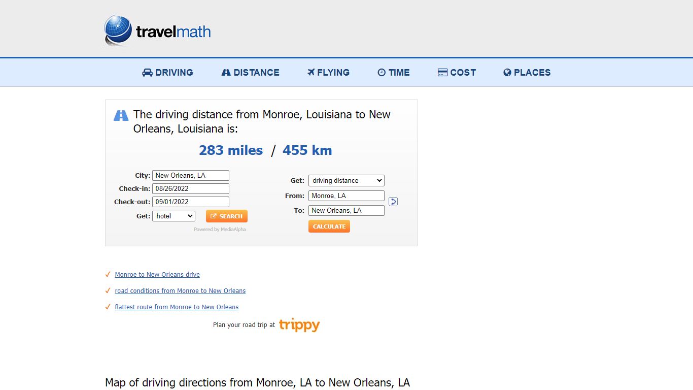 Driving Distance from Monroe, LA to New Orleans, LA - Travelmath