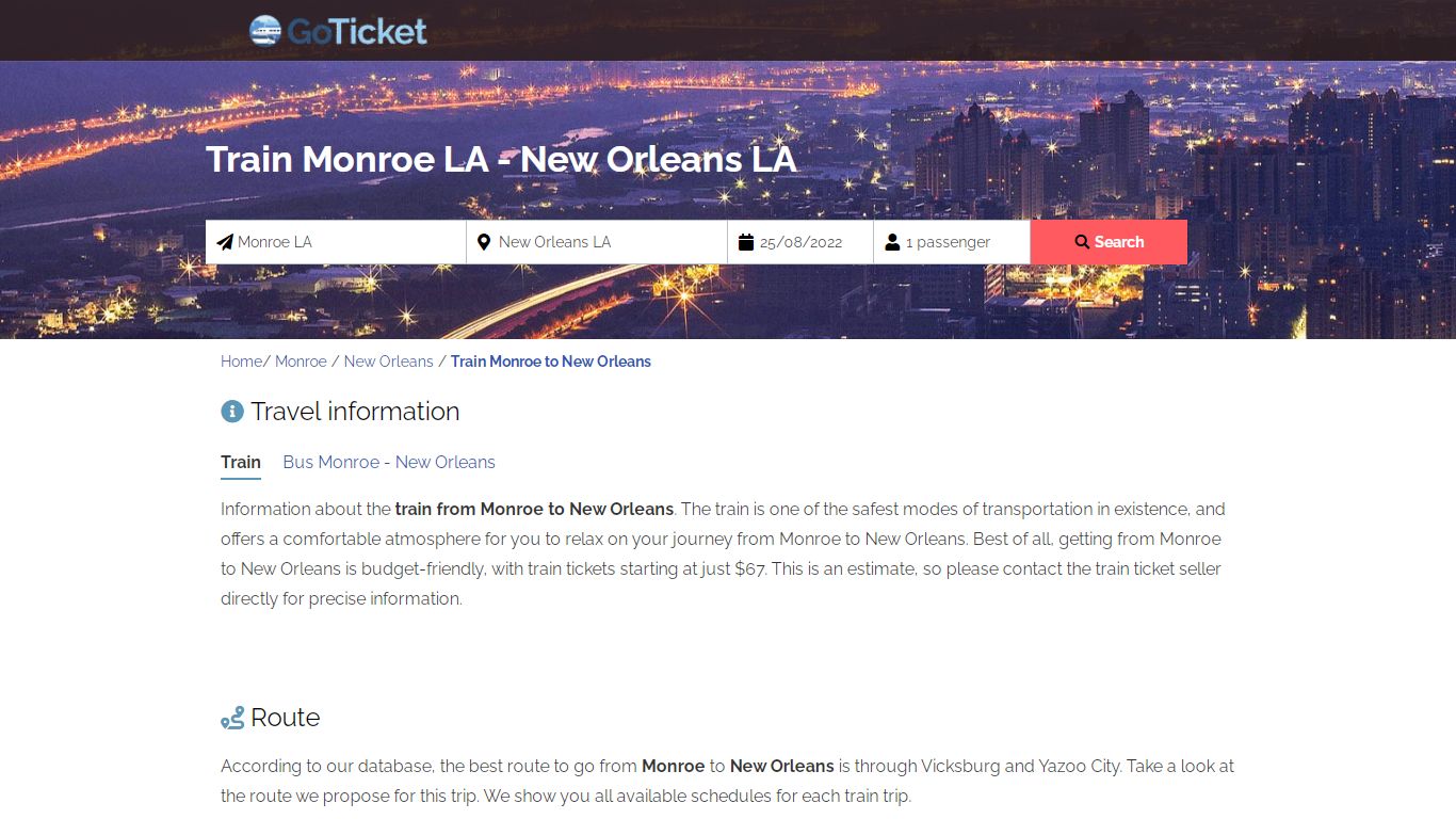 Train Monroe LA to New Orleans LA from $67 - GoTicketio